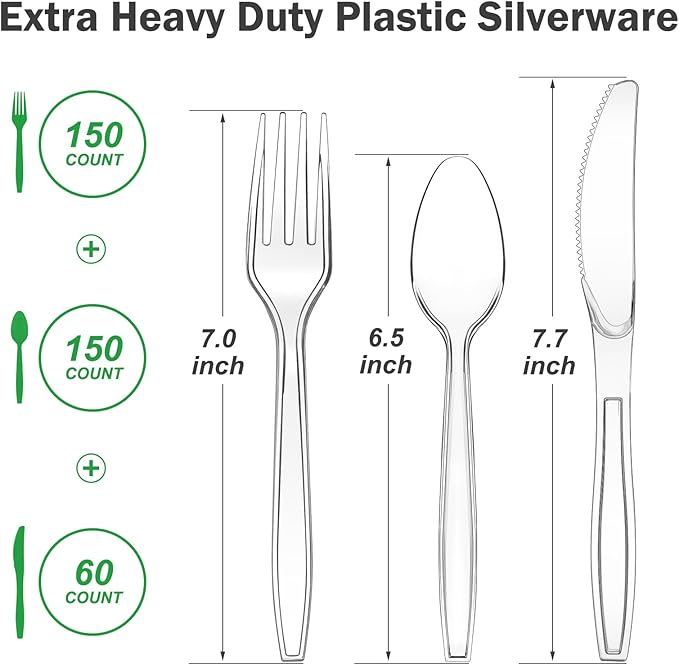 300 Count Extra Heavy Duty Clear Plastic Silverware, 100 Forks, 100 Spoons, 100 Knives, BPA-Free, Heat Resistant, Disposable Plastic Utensils Set, Plastic Cutlery Set, Plasticware Bulk