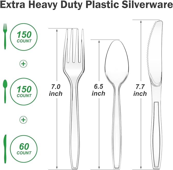 360 Count Extra Heavy Duty Clear Plastic Silverware, 150 Forks, 150 Spoons, 60 Knives, BPA-Free, Heat Resistant, Disposable Plastic Utensils Set, Plastic Cutlery Set, Plasticware Bulk