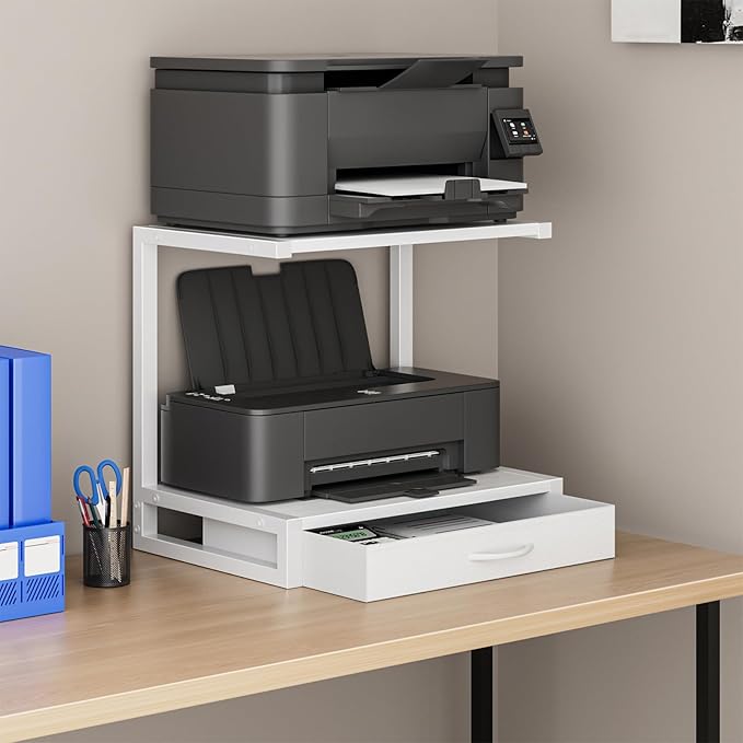 2-Tier Desktop Printer Stand with Fabric Drawer, Prtiner Table with Storage Shelf, Desk Organizer for Home Office,3D Printer,Fax Machine,Scanner, 17.3"x11.8" White