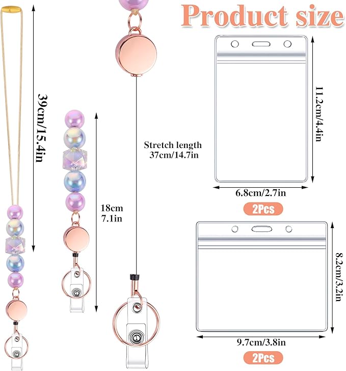 6 in 2 Set Retractable Lanyard for ID Badges, Teacher Lanyard with Badge Holders Beaded Cute Lanyards for ID Badges Keys Teacher Appreciation Gifts Office Gift for Coworkers