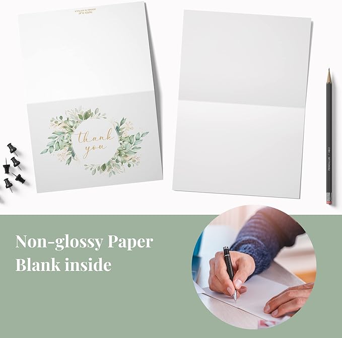 20 Eucalyptus Matt Gold Foil Greenery Thank You Cards with Envelopes & Stickers 4x6 Inch, Bulk Thank You Notes, Suitable for Business, Baby Shower, Wedding, Graduation, Bridal Shower, Funeral