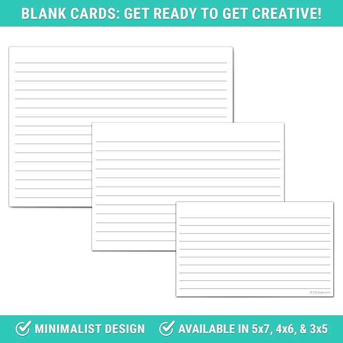 321Done Large Index Cards, Made in USA - Jumbo Size 5x7 Horizontal, College-Ruled Lined Notecards Double-Sided, Thick Heavy Duty Cardstock, Simple Note Cards with Lines, White XL - Set of 50