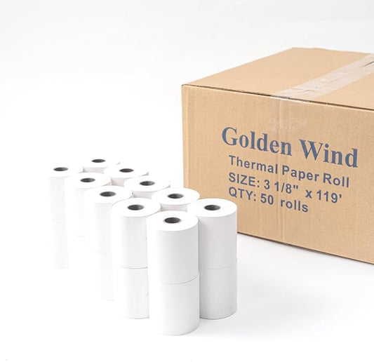 50 Rolls, GOLDEN WIND Thermal Paper Receipt Roll, 3 1/8" x 119', Premium Quality 55GSM for Cash Register/POS Thermal Printer Receipt, BPA Free White.