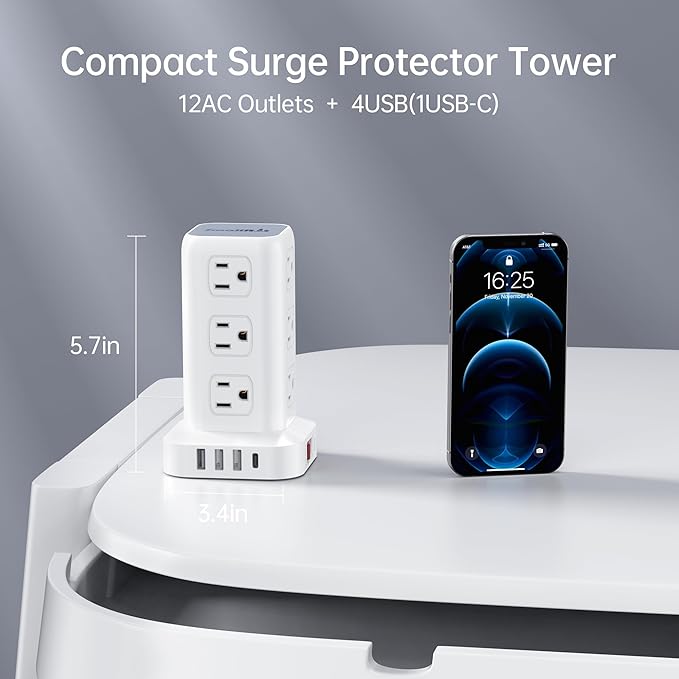 16.5FT Long Extension Cord,Power Strip Tower Surge Protector Power Strip with USB 12 Outlets with 4 USB Ports (1 USB C), Flat Plug Multi Plug Outlet Extender Overload Protection for Home Office