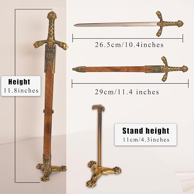 11" Metal Excalibur Sword Stainless Steel Letter Opener with Stand,Medieval Vintage Gold Handle,Mini Sword,Lightweight Hand Envelope Slitter,Special Gift