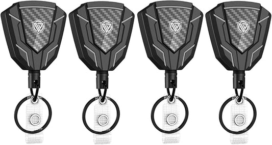 Oaridey Heavy Duty Retractable Keychain with Belt Clip, Retractable Badge Holders with Carbon Fiber Front, Badge Reels Retractable with Key Ring and 31.8” Steel Cord, 9oz Rebound - 4 Packs