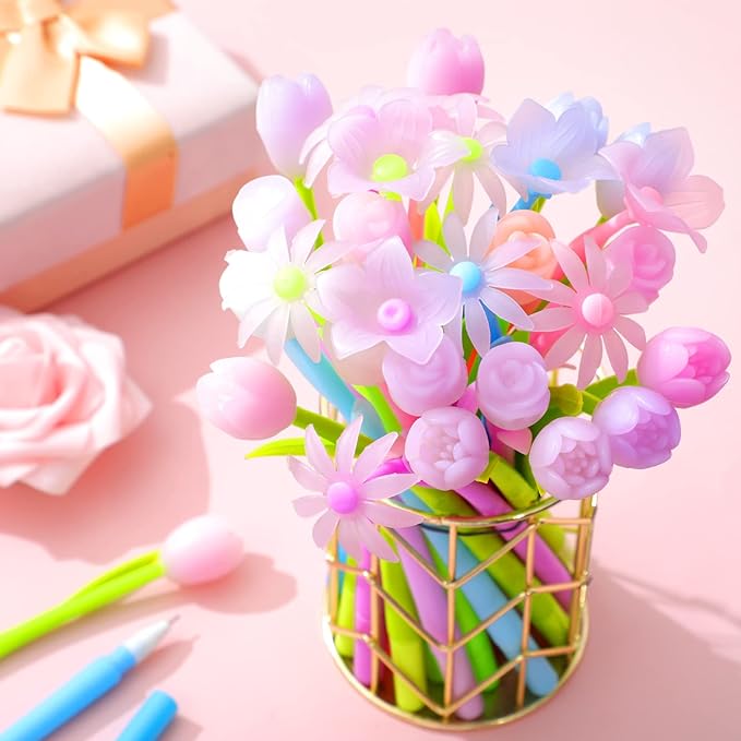 18 Pieces Color Changing Flower Pens Colorful Gel Ink Ballpoint Rose Pens for School Home Office Presents(Daffodil Lampranthus Spectabilis Tulip Rose)