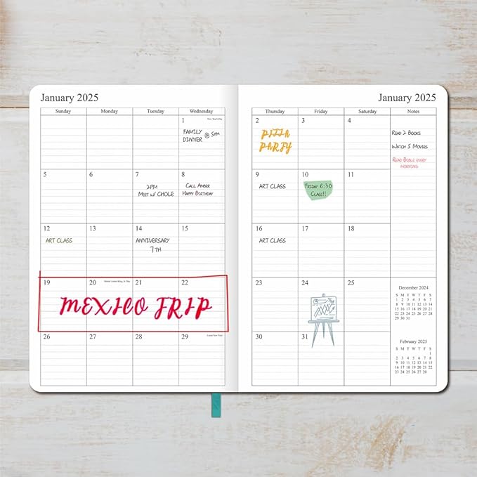 2025 Planner - Weekly and Monthly Planner Jan to Dec 2025, Holidays, Contacts and Notes Pages, Vegan Leather Cover, Elastic Closure, 5.5”x8.25”, Teal