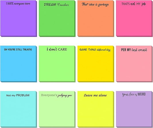 12 Pieces Snarky Office Sticky Notes Funny Note Pads Work Sucks Complaining Quotes Vibrant Negative Passive Office Notepads Adhesive Memo Pad for Colleague Supplies, 3 x 3 Inch(Stylish Style)