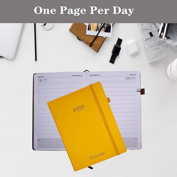 2025 Daily Planner/Appointment Book, One Page Per Day, Jan - Dec 2025, Annual Daily Monthly Agenda Planner with Hourly Schedule and Monthly Tabs, 5.7" x 8.3" Calendar Planner (5-Yellow)