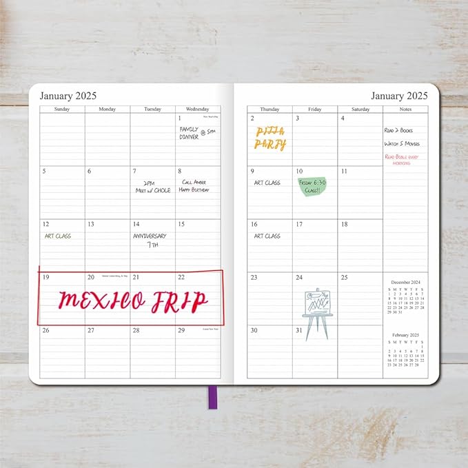 2025 Planner - Weekly and Monthly Planner Jan to Dec 2025, Holidays, Contacts and Notes Pages, Vegan Leather Cover, Elastic Closure, 5.5”x8.25”, Purple
