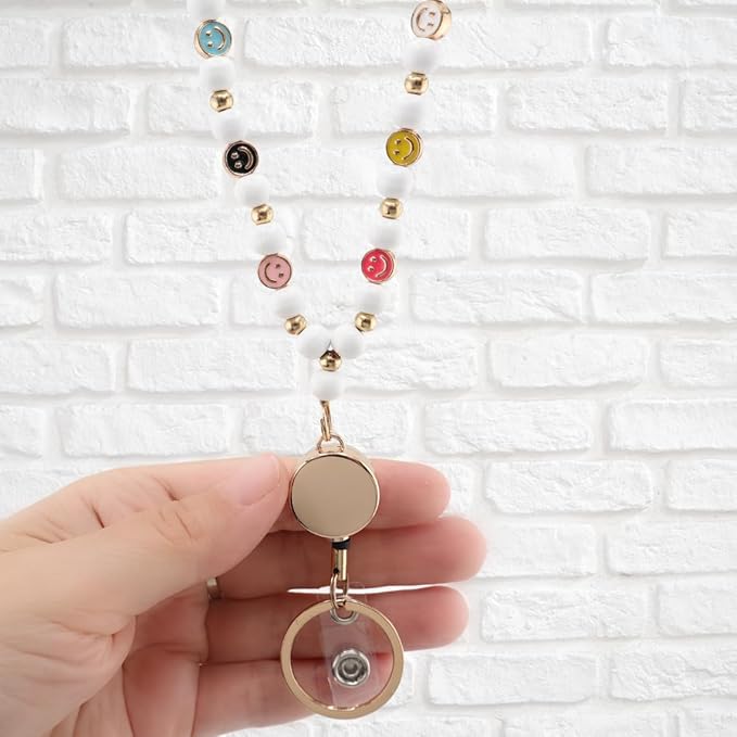 Smile Teacher Lanyard for Women with Retractable ID Badge Reel and Keychain Cute Happy Beads Lanyard