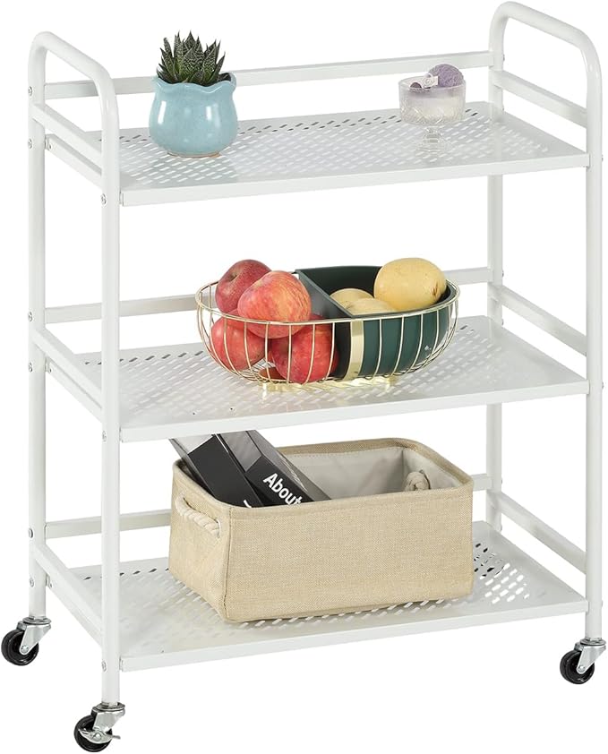 3-Tier Mesh Metal Rolling Cart, Multipurpose Heavy Duty Cart, Multipurpose Storage Rack,Utility Cart, High Capacity Cart with Locking Wheels(White)