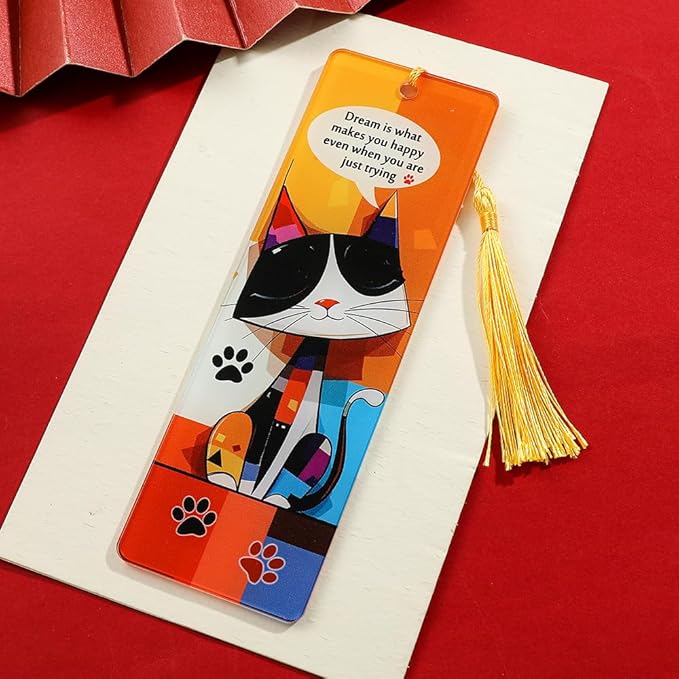 1pc Cute Pet Cat Tassel Bookmark - Acrylic Bookmarks for Book Lovers, Gifts for Teachers Students Reading Markers Ideal Gift for Back to School Season (Yellow Fringe)