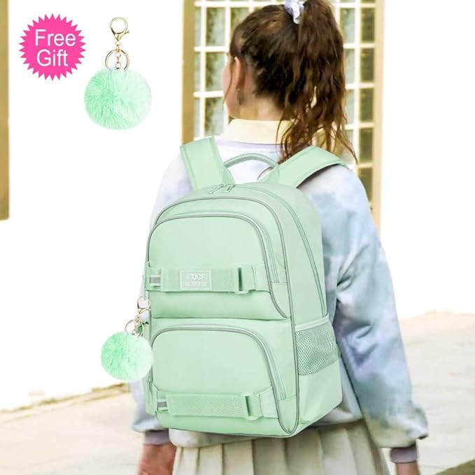 3PCS Laptop Bookbag for Girls, 17" Water Resistant School Backpack with Lunch Box, Cute Green School Bag Set for Women College Teenagers High Middle Elementary School