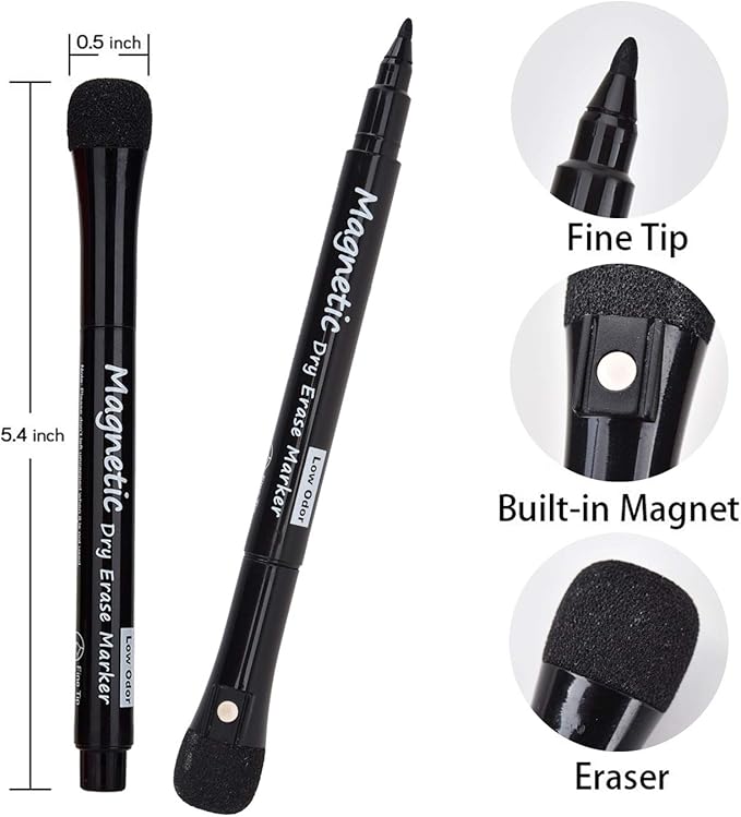 Magnetic Dry Erase Markers, (12 pk) Dealkits Low Odor White Board Markers with Erasers for Kids Teacher Supplies for Classroom Work on White Board, Calender, Fine Tip Point, Black
