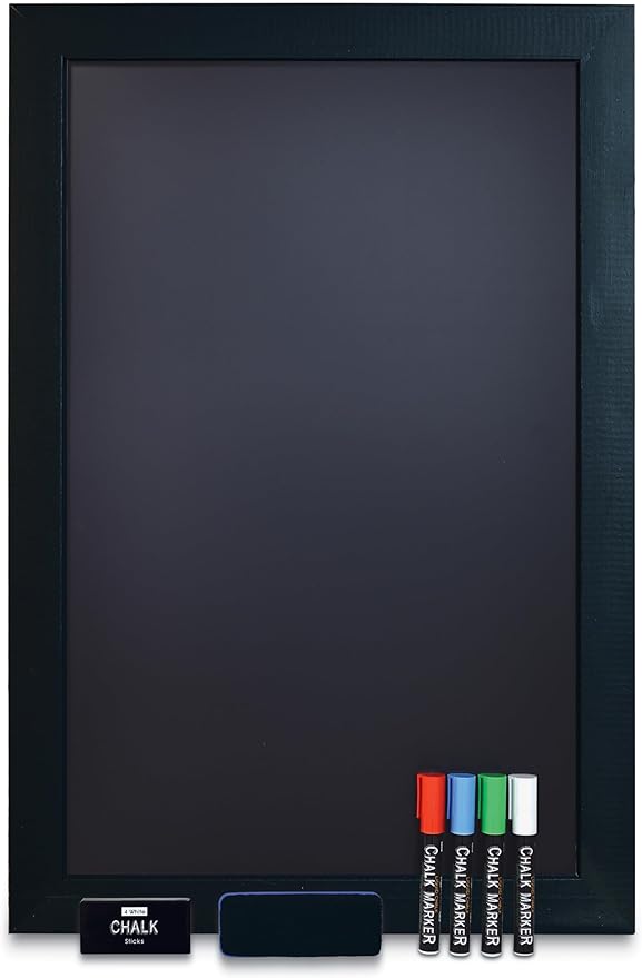 Magnetic Wall Chalkboard, Extra Large Size 20" x 30", Wood Frame, Chalkboard Sign, Vertical or Horizontal Wall Mount, Includes 4 Chalk Markers, Chalk & Eraser, by Better Office Products (Solid Black)