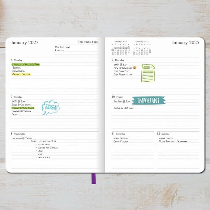 2025 Planner - Weekly and Monthly Planner Jan to Dec 2025, Vegan Leather Cover, Elastic Closure, 7”x9.25”, Purple