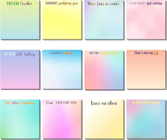 12 Pieces Snarky Office Sticky Notes Funny Note Pads Work Sucks Complaining Quotes Vibrant Negative Passive Office Notepads Adhesive Memo Pad for Colleague Supplies, 3 x 3 Inch(Funny Style)