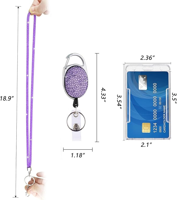 VIQWYIC Retractable ID Badge Holder with Clip, ID Name Badge Reels with Bling Rhinestones Retractable Card Holder for Office Worker Teacher Doctor Nurse (Purple)