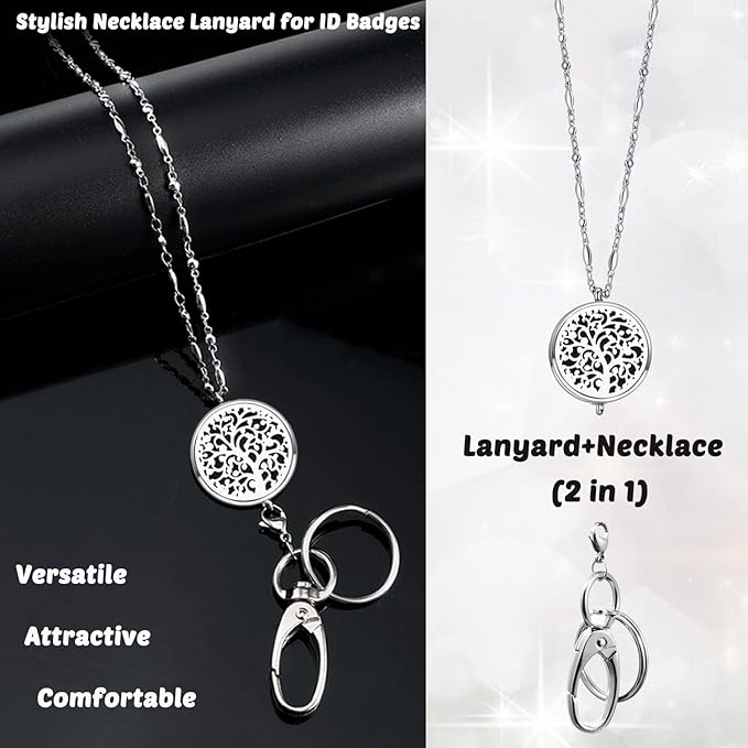 Lanyards for ID Badges and Keys, ID Badge Holder with Lanyard Stainless Steel Keychain Diffuser Necklace Lanyard Badge Lanyards for Women Teacher Nurse Student Office Work Jewelry Family Tree