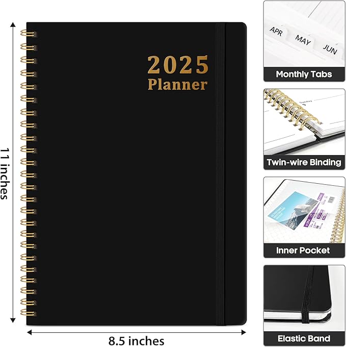 2025 Planner - Weekly and Monthly Planner Spiral Bound, January 2025 - December 2025, Hardcover 2025 Calendar Planner Book with Tabs, Inner Pocket, Perfect for Office Home School Supplies - A4 (8.5" x 11"), Black