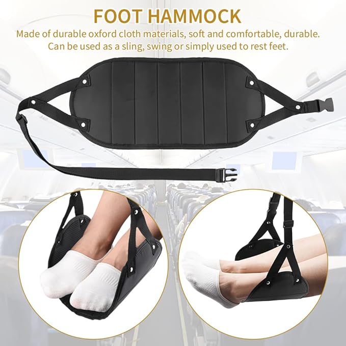 2pcs Airplane Foot Hammock Airplane Foot Rest with Adjustable Height Desk Foot Hammock Travel Foot Rest Foot Sling for Airplane Travel Comfy Foot Hanger Airplane, Black
