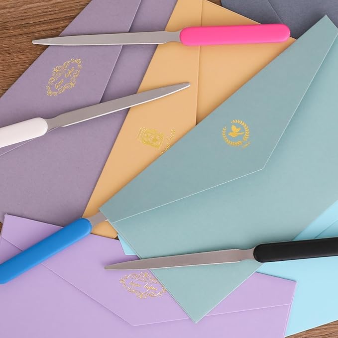4Pcs Letter Opener Stainless Steel Envelope Openers Lightweight Hand Mail Slitters Metal Letter Knives Humanized Grip Handle Paper Cutting Knives for Office School Home Supplies