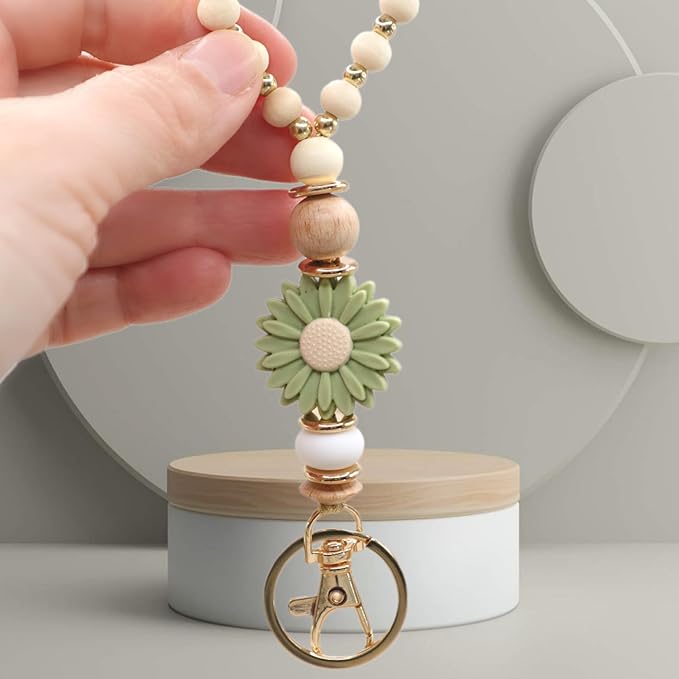 Wooden Teacher Lanyards for Id Badge Cute Flower Wood and Gold Beaded Lanyards for Women for Nurse Badge