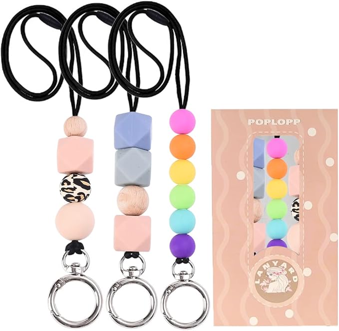 POPLOPP 3PCS Teacher Lanyards for ID Badges and Keys, Cute Silicone Beaded Lanyard for Women Nurse Employees Students