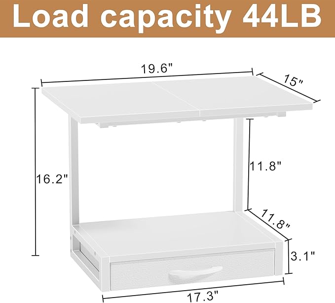 2-Tier Desktop Printer Stand with Fabric Drawer, Prtiner Table with Storage Shelf, Desk Organizer for Home Office,3D Printer,Fax Machine,Scanner, 19.6"x14.9" White