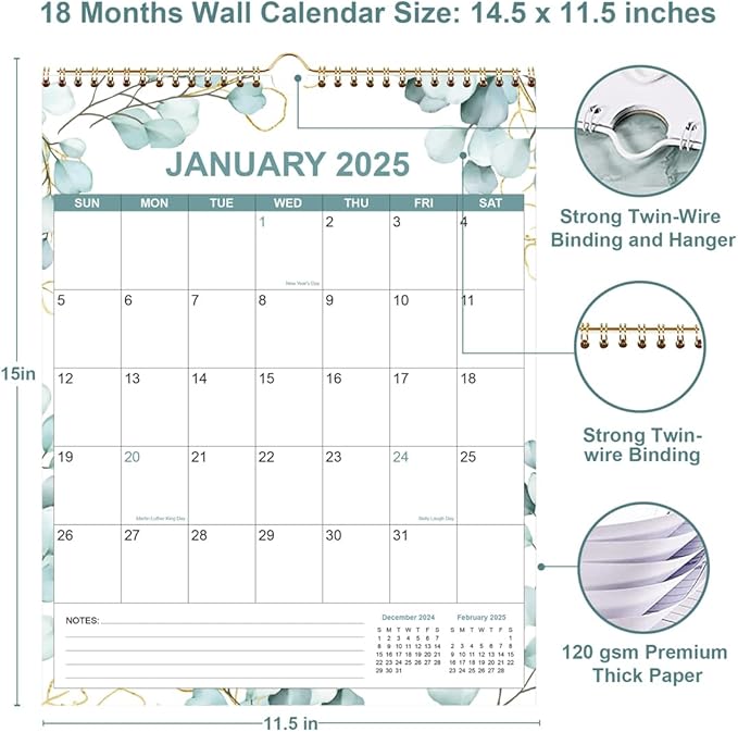 2025 Calendar - Calendar 2025-2026 from January 2025 - June 2026, 18 Months Calendar with Thick Paper, 12" x 14.5", Vertical Calendar, Leaf
