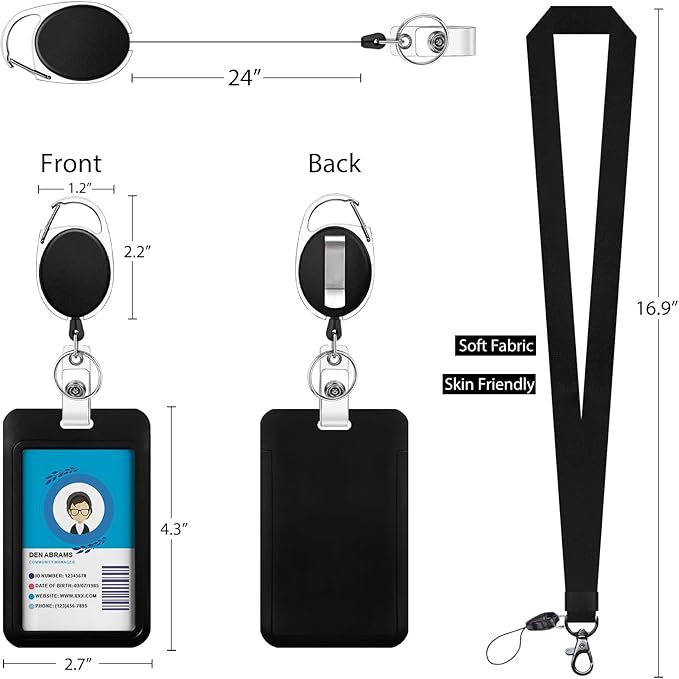 Giancomics Black Lanyards for Id Badges, ID Badge Holder with Lanyard, Badge Reel Retractable Heavy Duty, Lanyard with ID Holder Keychain Clip Name Tag ID Card Holder for Teacher Women Men Work Office