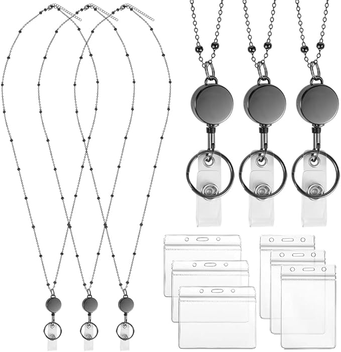 3 Pack Lanyards for Id Badges with 6 Pcs Id Badge Holder Retractable Badge Holders Stainless Steel Teacher Lanyard Cruise Ship Lanyards for Girl Women (Black)