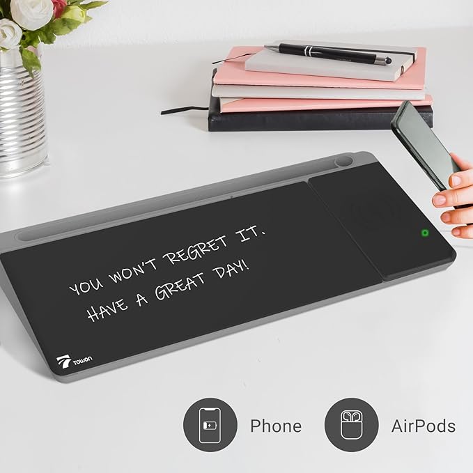 TOWON Black Desk Dry Erase Board with Charger Pad, Small Glass Desktop Whiteboard, Desktop whiteboard - Glass Dry Erase White Board- Desk Computer Buddy for Home Office Supply, 17 x 6 in