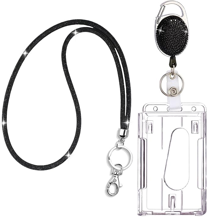 VIQWYIC Retractable ID Badge Holder with Clip, ID Name Badge Reels with Bling Rhinestones Retractable Card Holder for Office Worker Teacher Doctor Nurse (Black)