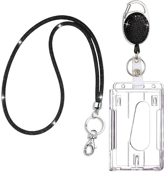 VIQWYIC Retractable ID Badge Holder with Clip, ID Name Badge Reels with Bling Rhinestones Retractable Card Holder for Office Worker Teacher Doctor Nurse (Black)