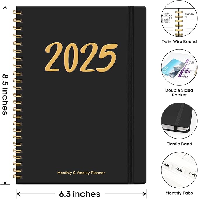 2025 Planner, Weekly and Monthly Planner Spiral Bound, Jan 2025 - Dec 2025, Hardcover 2025 Calendar Planner Book with Tabs, Inner Pocket, Perfect for Office Home School Supplies - A5 (6.3" x 8.5"), Black