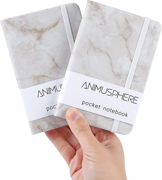 2Pack Pocket Notebook Small Notebook Journal Notebook 4 inches x 5.7 inches 200 Pages Leather Cover With Pen Holder Page Marker Ribbons (Marble)