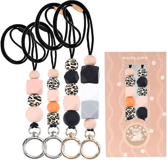 POPLOPP 4PCS Teacher Lanyards for ID Badges and Keys, Cute Silicone Beaded Lanyard for Women Nurse Employees Students