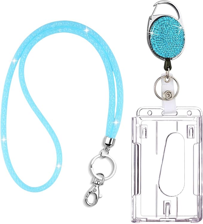 VIQWYIC Retractable ID Badge Holder with Clip, ID Name Badge Reels with Bling Rhinestones Retractable Card Holder for Office Worker Teacher Doctor Nurse (Blue)