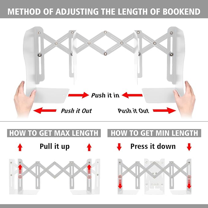 2PCS Adjustable Bookends, Metal Book Ends for Heavy Book, 2 Dividers, Nonslip Book Stander for Desk, Shelf, Office, Stationery Gift, Extends up to 19 inches (White)