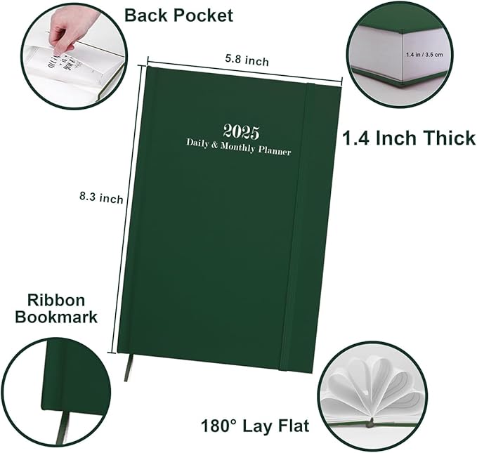 2025 Daily & Monthly Planner - 2025 Daily Planner One Page Per Day from January 2025 to December 2025, Hourly Appointment Book Perfect Organizer Daily Life, Fabric Cover, 5.8'' x 8.3'', Green