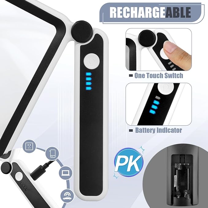 Magnifying Glass for Reading, Rechargeable 5X Large Page Magnifier with Light, Folding Handheld Dimmable Rectangle Lighted Magnifier for Reading Book Small Print for Seniors Low Vision, Black White