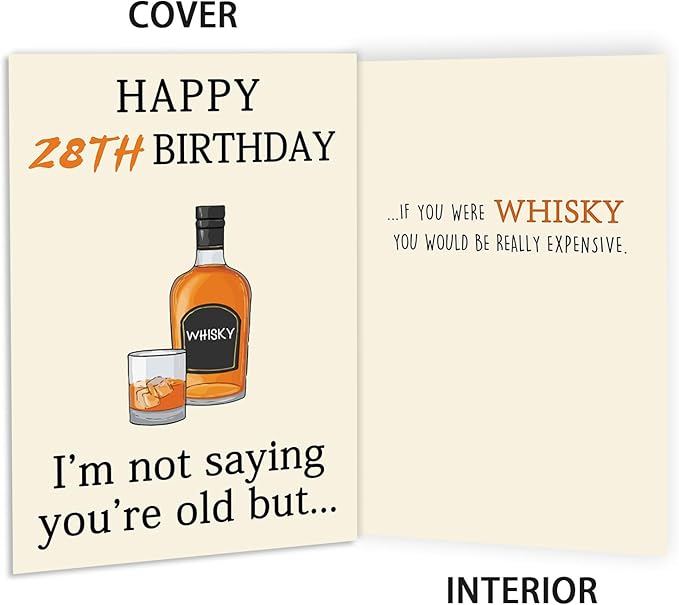 28th Birthday Greeting Card for Him Her, Whiskey Theme, Modern Style, 8x5.3 inches
