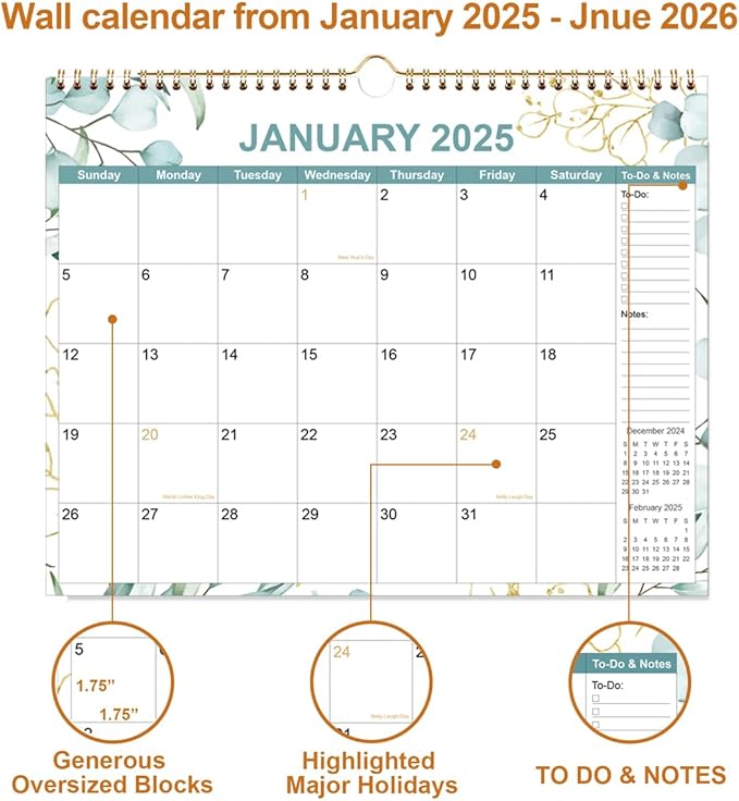 2025 Calendar - Calendar 2025-2026 from January 2025 - June 2026, 18 Months Calendar with Premium Paper, Twin-Wire Binding & Hanging Hook, 12" x 14.5", Green Leaf