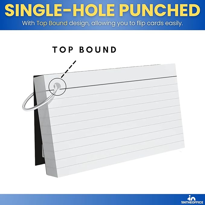 1InTheOffice Index Cards with Ring 3x5, Flash Cards with Binder Ring, Single Hole Punched Notecards, 65 Cards, 3 Pack