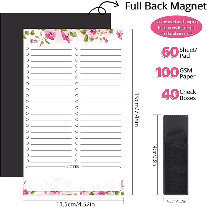 2 Pack Grocery List Magnet Pad for Fridge with Pen Holder, Totally 120 Sheets Magnetic Note Pad for Fridge Full Back Magnet Shopping List, To Do List, Memo Notepads, 4.5x7.5"(Pink Flower)