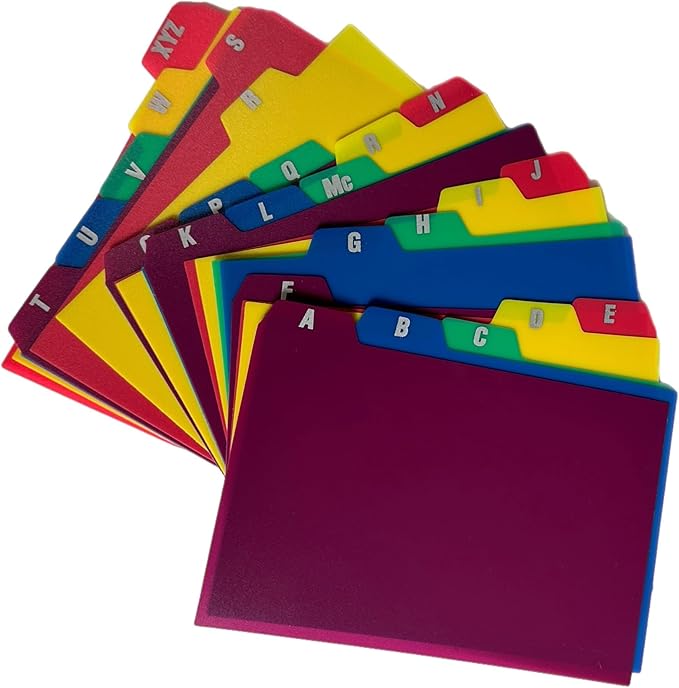 25 A-Z Tabbed 4x6 Index Card Guides in 5 Colors Durable Poly Note Divider Organizer Recipes Office School Home