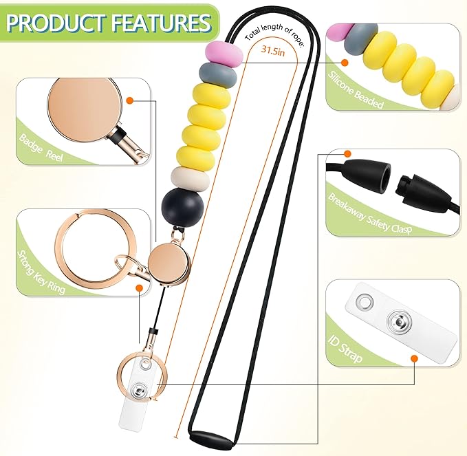 Retractable Lanyards for ID Badges and Keys, Cute Breakaway Teacher Lanyard with Badge Holders and Reels, Silicone Beaded Lanyard for Women, Nurses, Office with 2 Waterproof Card Holders